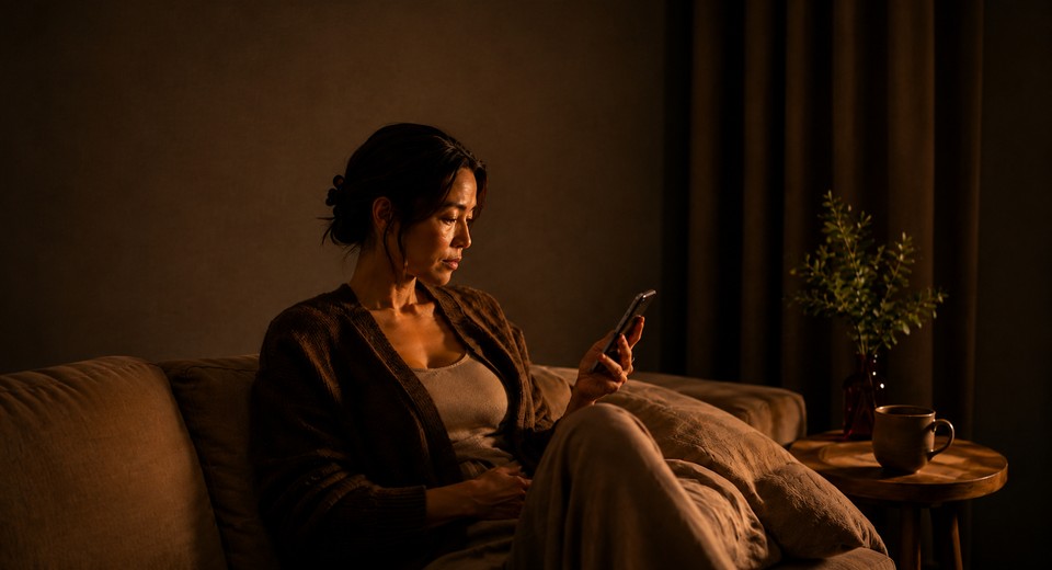 Woman using her phone at home